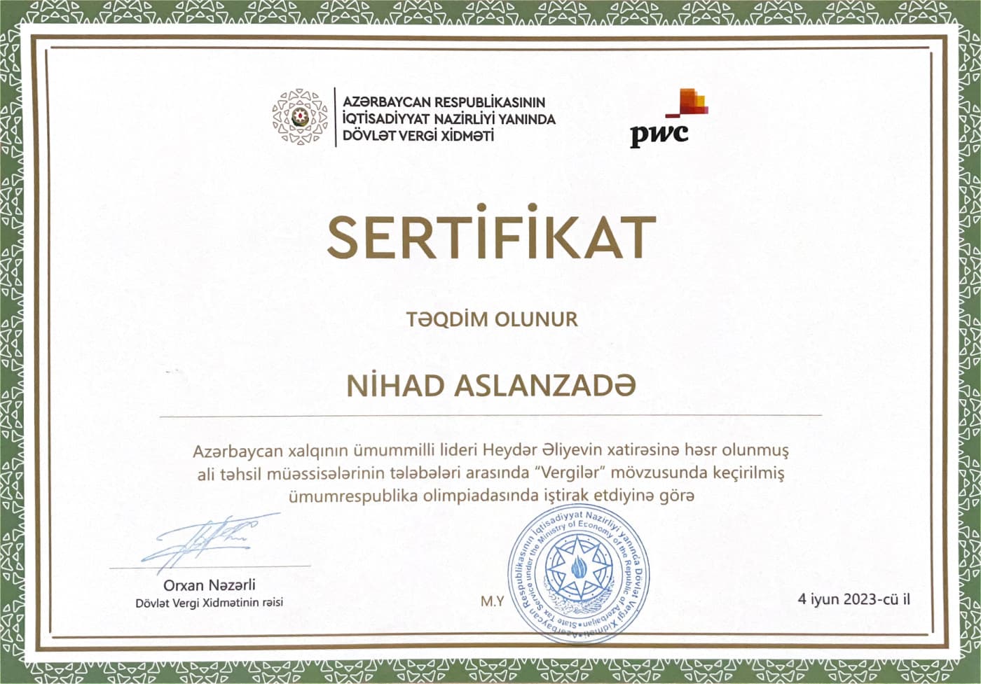 National Tax Olympiad - Certificate of Participation - State Tax Service under the Ministry of Economy of the Republic of Azerbaijan